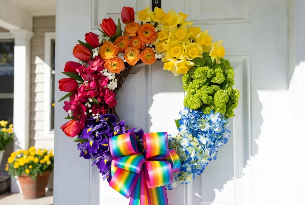 Bright Rainbow Spring Flower Wreath