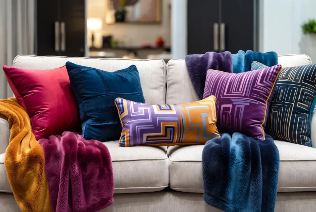 Layer Colorful Throw Pillows and Blankets