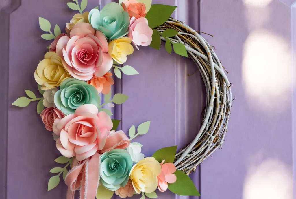 Painted Vine Wreath with Paper Flowers