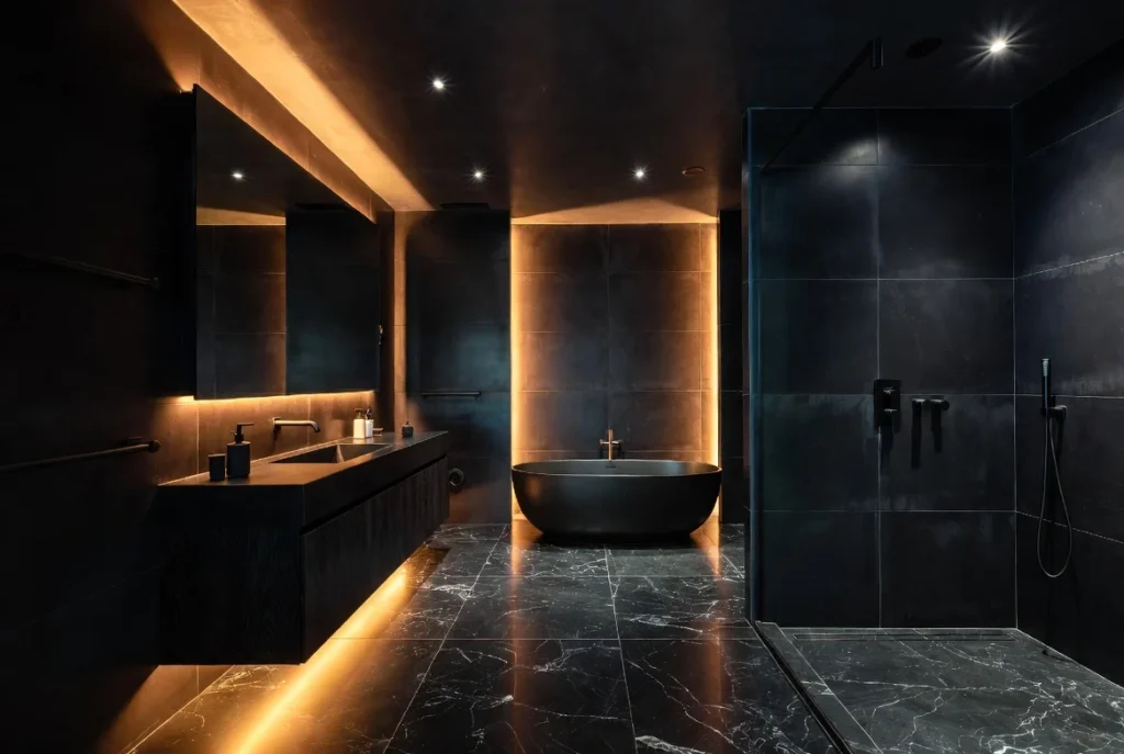All Black Bathroom Design for Total Immersive Luxury