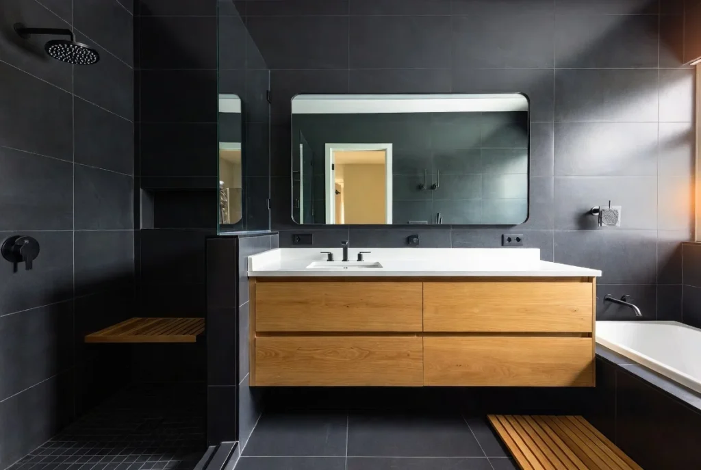 Black Bathroom with Natural Wood for Warm Balance
