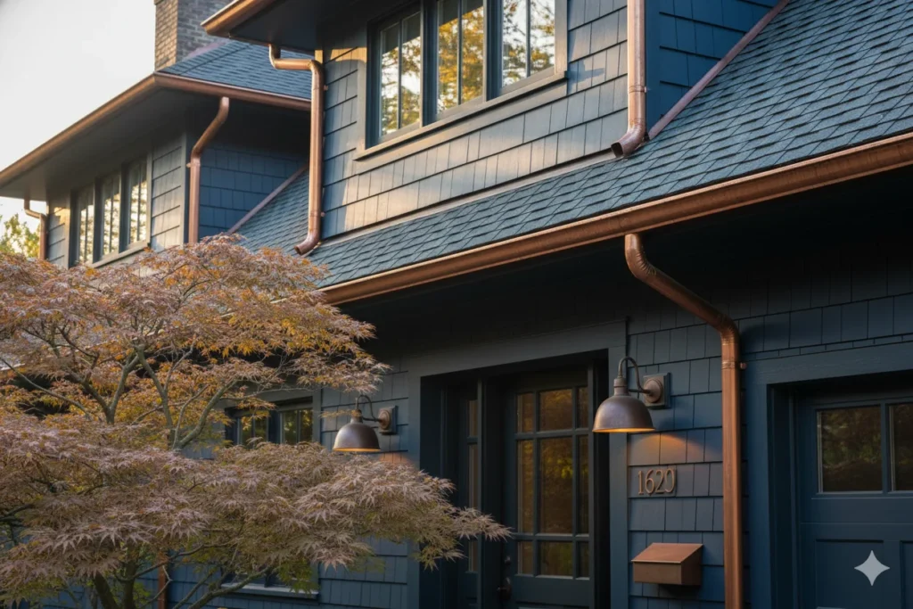 Dark Blue Exterior with Copper and Bronze Accents