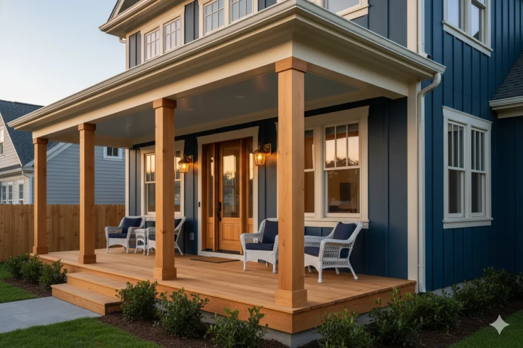 Dark Blue Exterior with Warm White Accents and Natural Wood