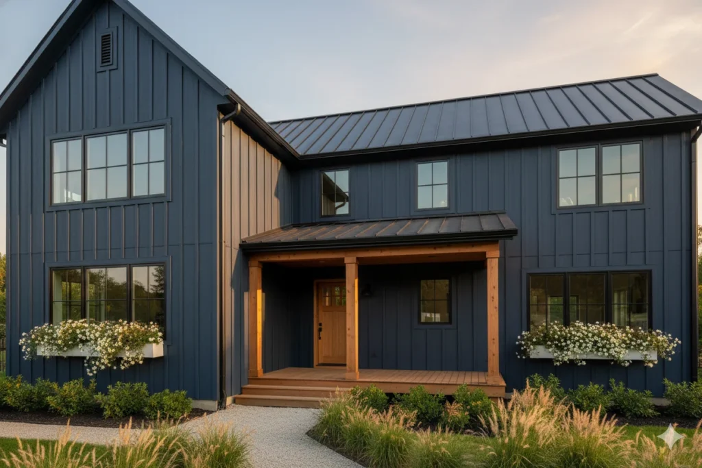 Dark Blue Farmhouse Exterior for Rustic Modern Appeal