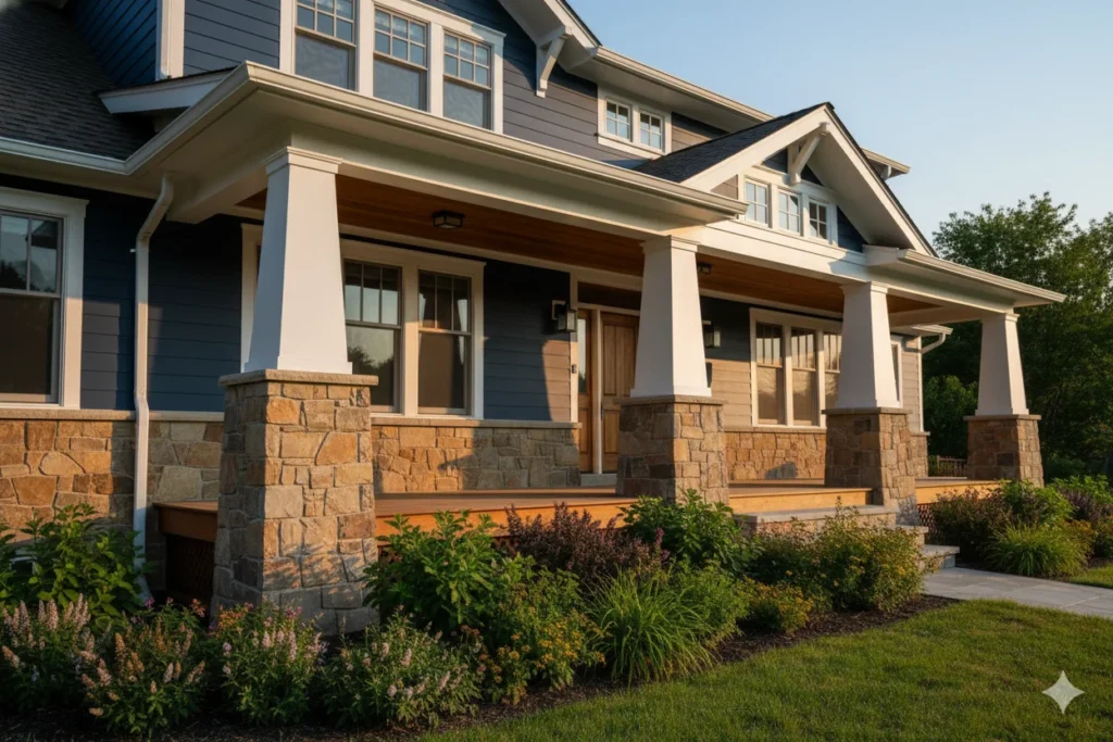 Dark Blue House Exterior with Stone and Masonry