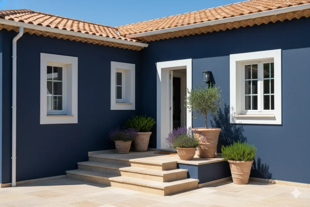 Dark Blue House with Contrasting Roof Colors