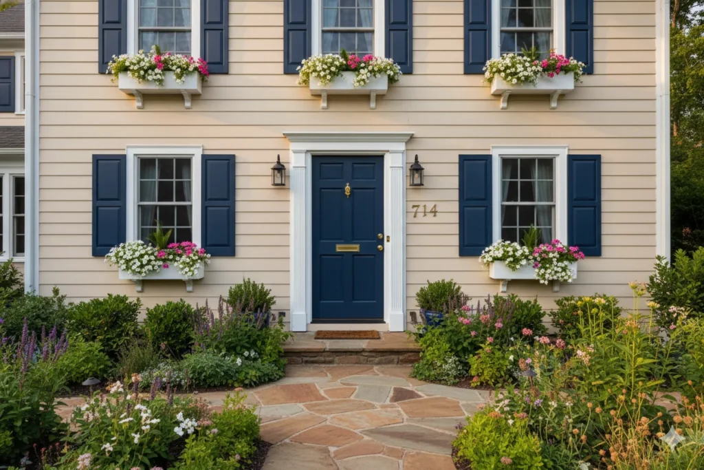 Dark Blue Shutters and Door Accents for Subtle Impact