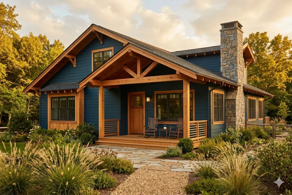 Dark Blue and Wood Accents for Organic Warmth