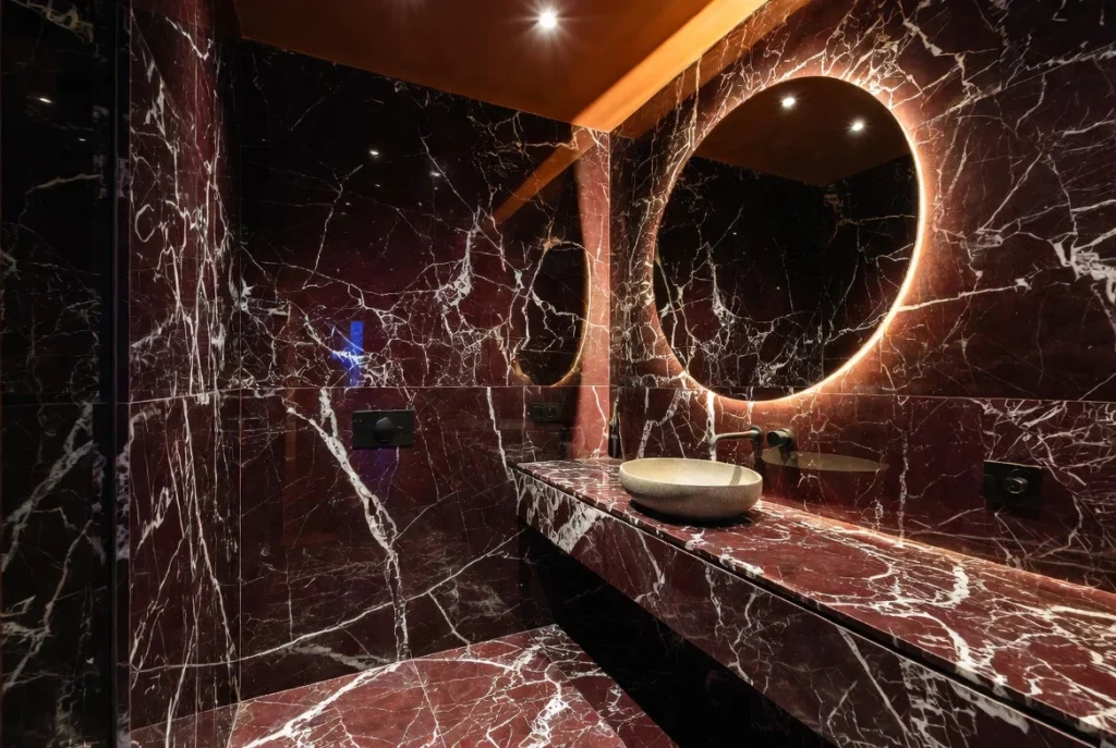 Dark Red Marble Bathroom Design for Moody Sophistication