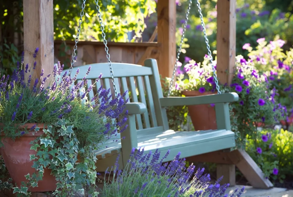 Green Porch Swing Nestled in Garden Blooms