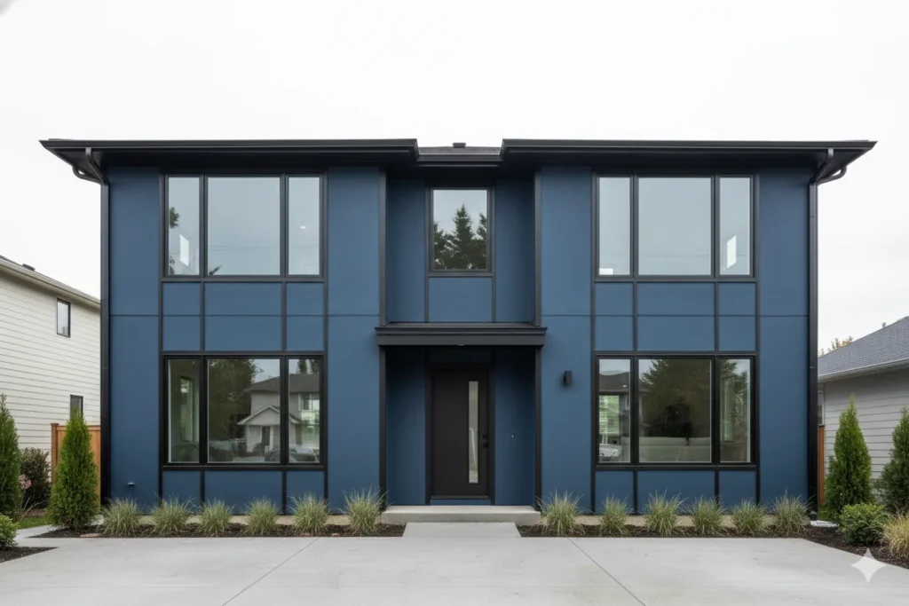 Modern Dark Blue Home Exterior with Black Trim
