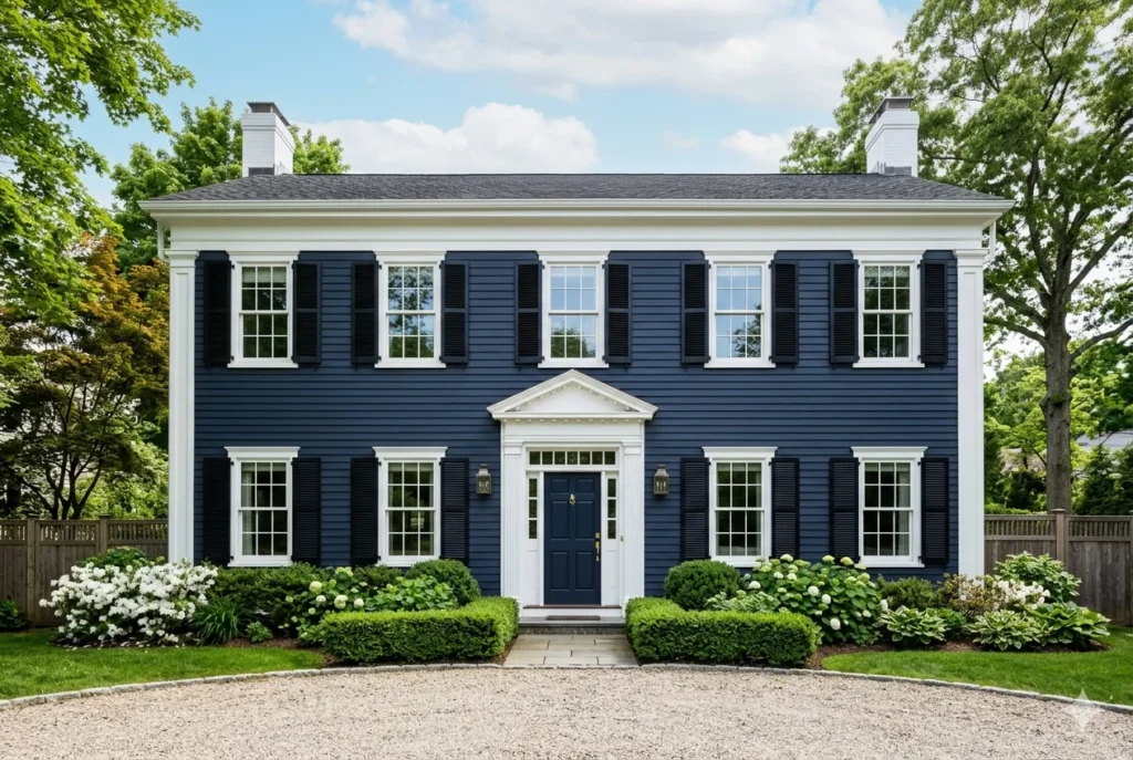 Navy Blue House with White Trim for Classic Elegance