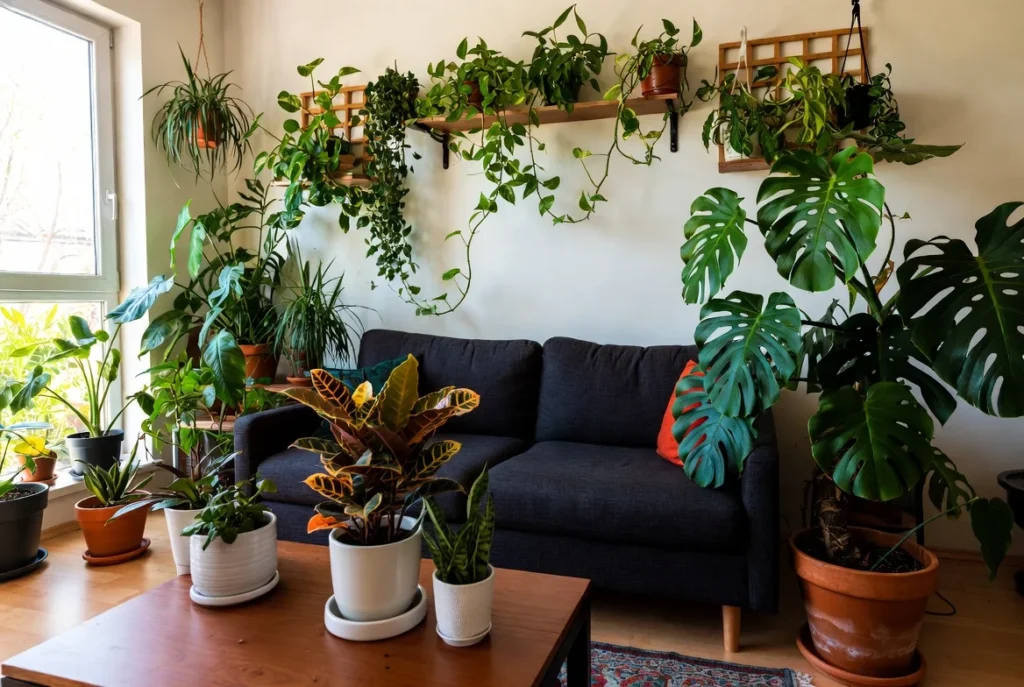 Plants and Greenery as the Perfect Natural Contrast to a Black Sofa