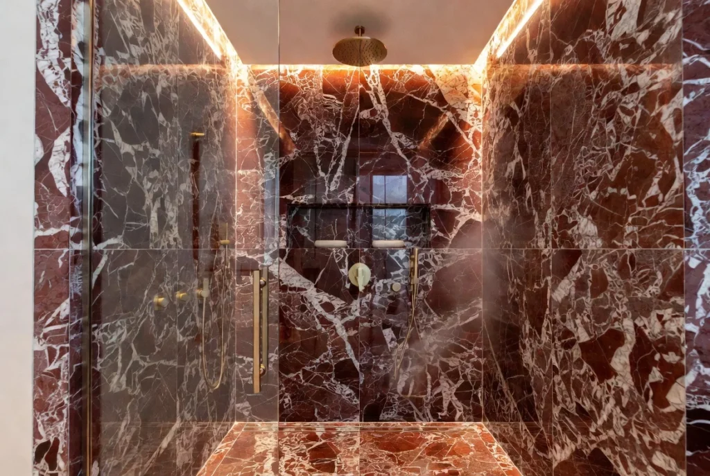 Red Marble Shower Ideas for a Dramatic Focal Point