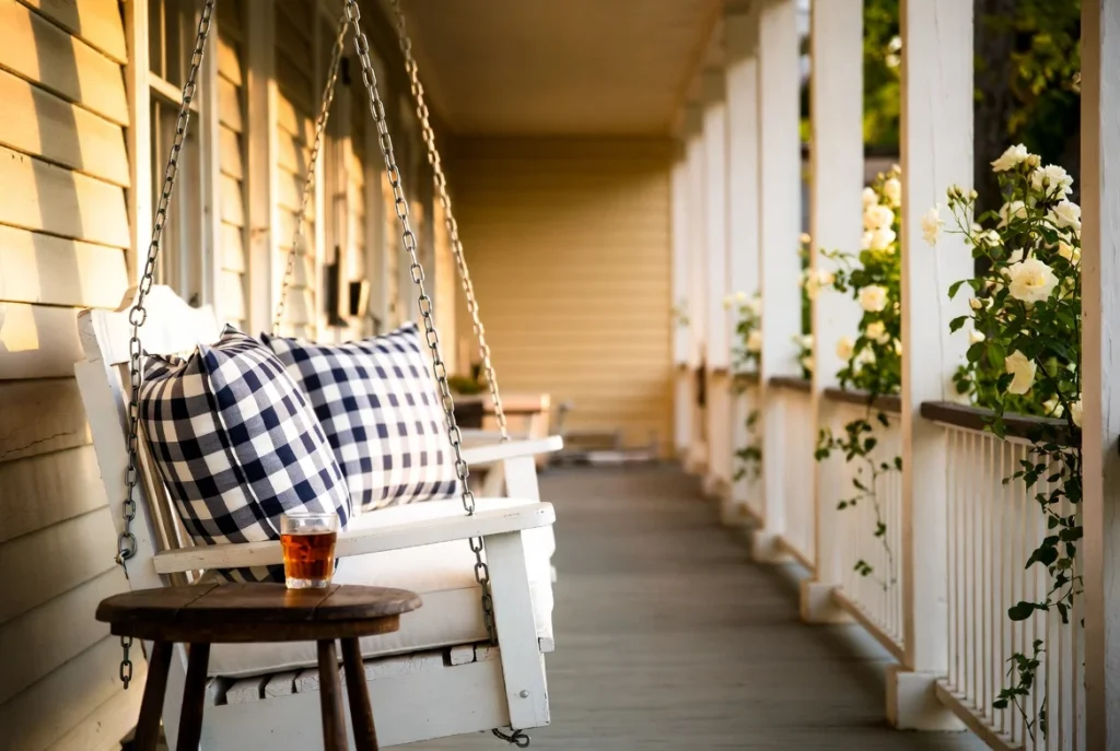 The Classic White Wooden Farmhouse Porch Swing