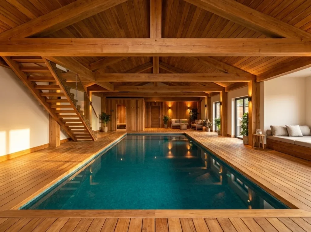 Modern Indoor Pool with Wooden Elements for Warm Contrast