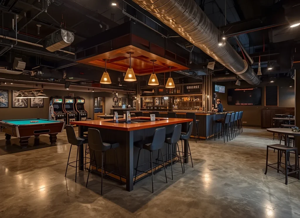 Open Concept Bar with Game Room Integration