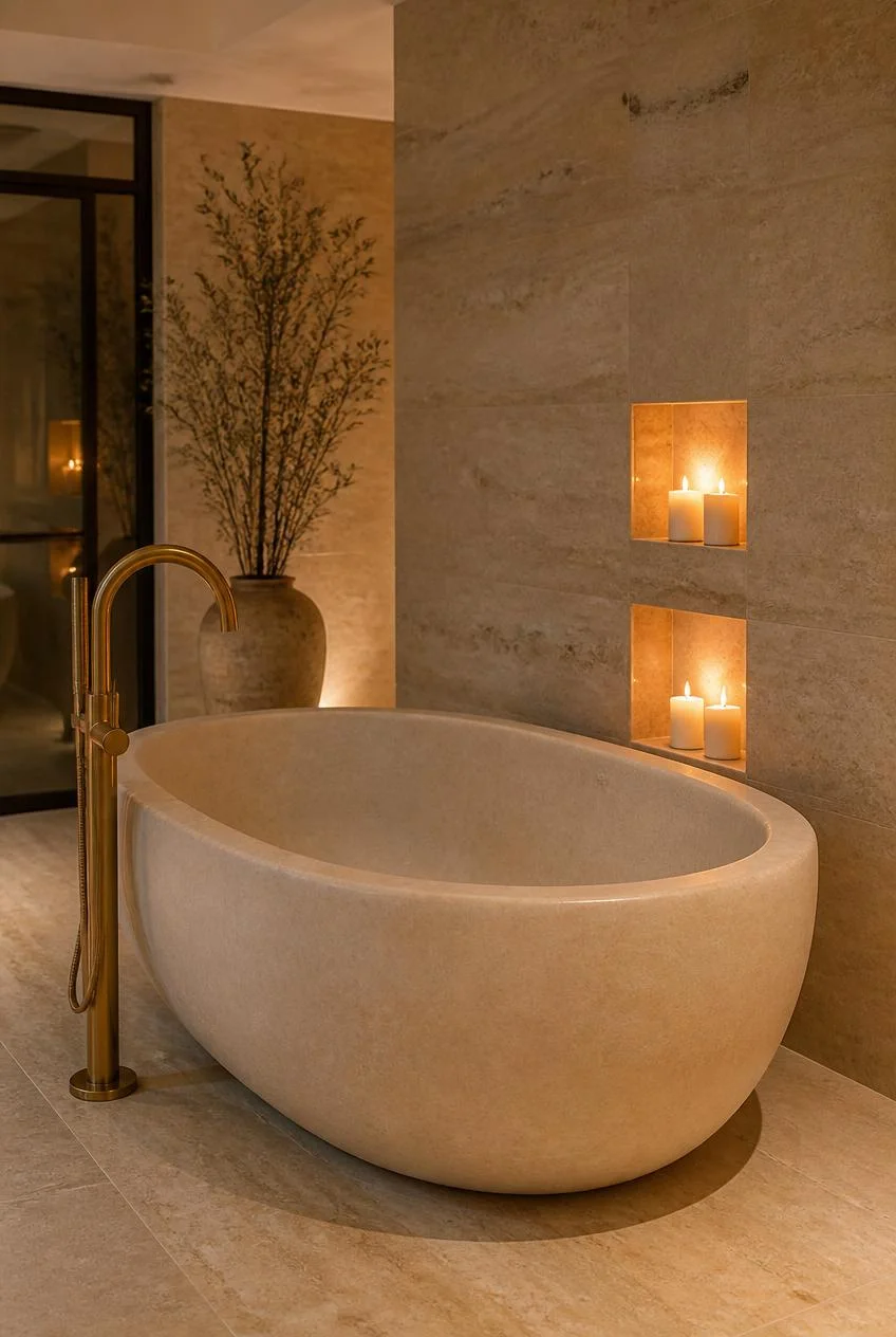 A Beige Soaking Tub Surrounded by Stone
