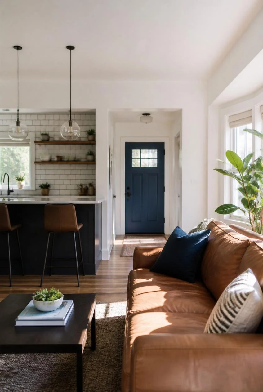 A Blue Front Door Visible From the Living Room