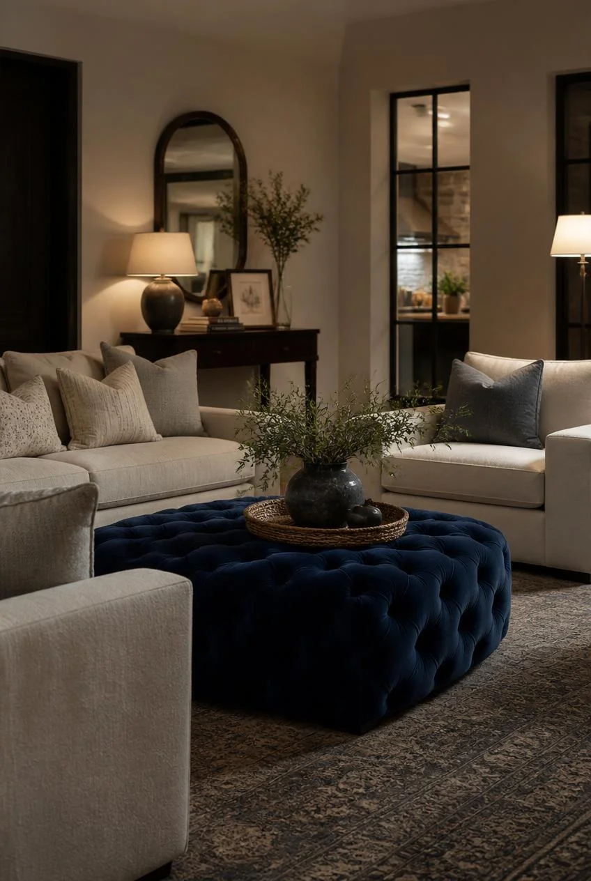 A Blue Velvet Ottoman for Texture and Function