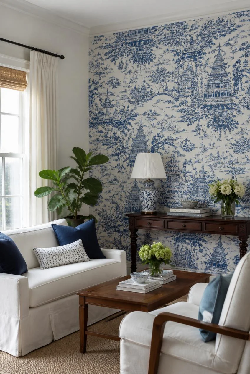 A Blue and White Patterned Wallpaper Accent