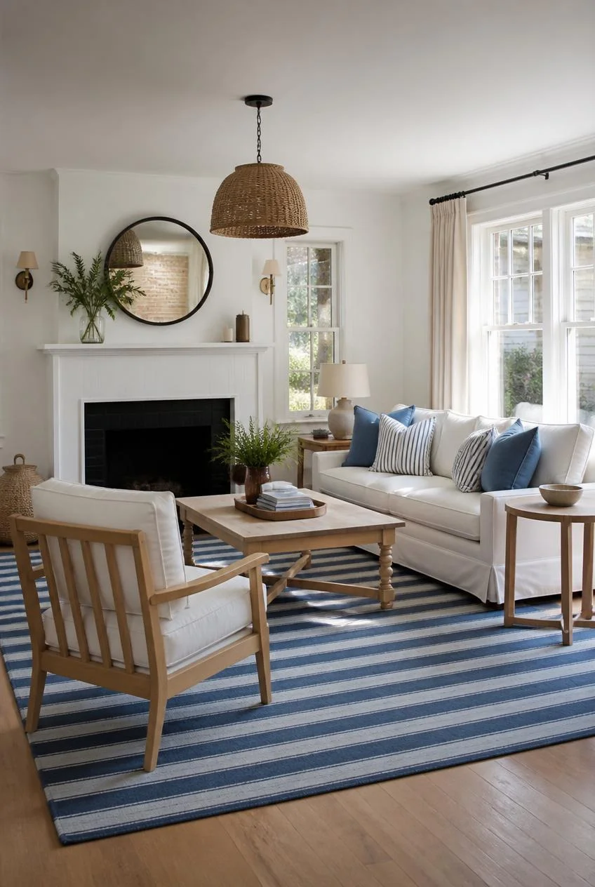 A Blue and White Striped Rug as the Foundation
