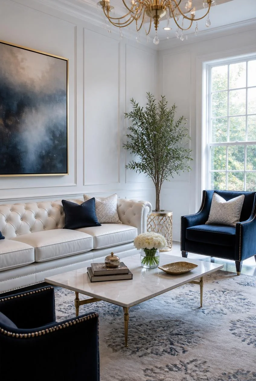 A Chesterfield Sofa in White With Navy Accents