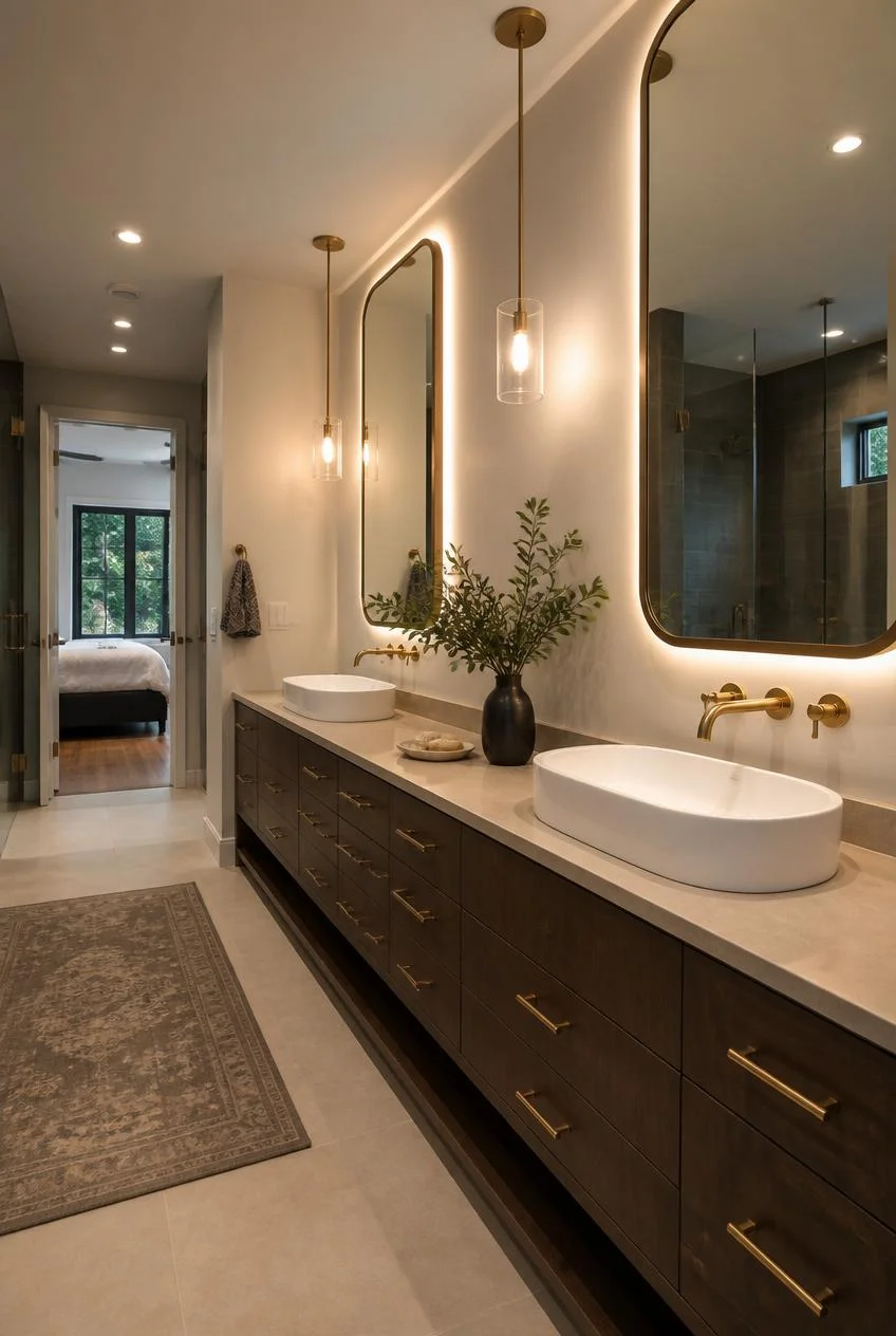 A Double Vanity With Beige Quartz Countertops