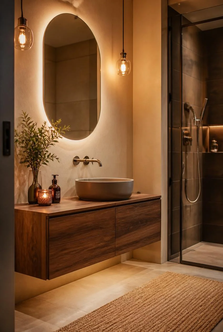 A Floating Brown Vanity for a Spacious Feel
