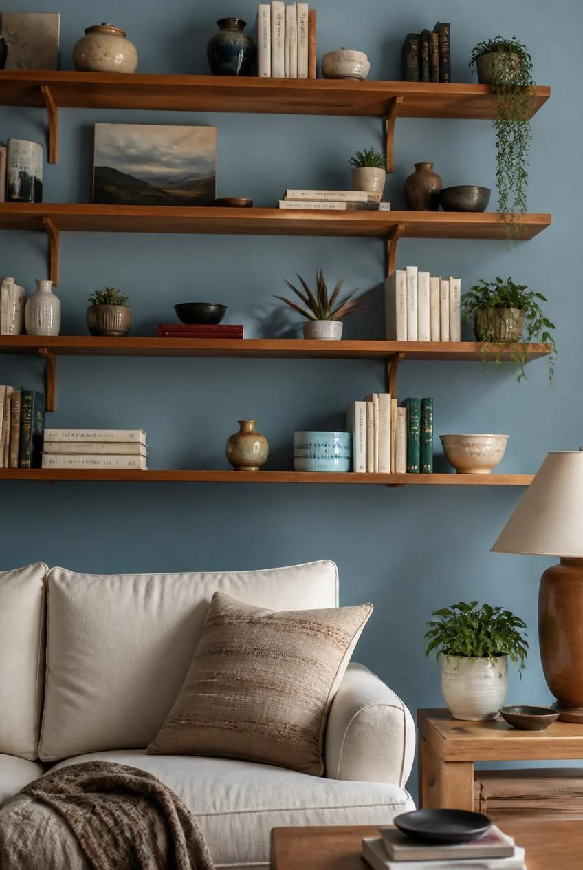 A Powder Blue Accent Wall Behind Open Shelving