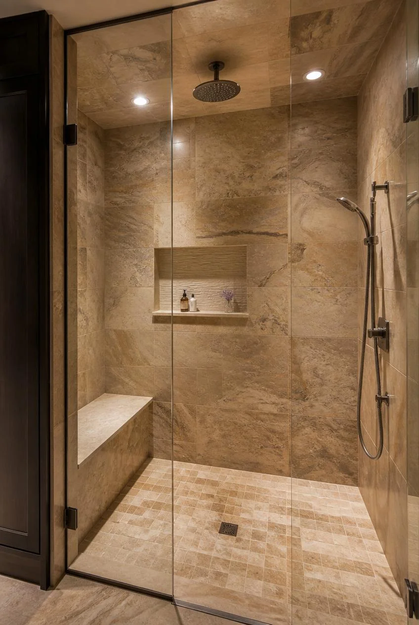 A Spa Inspired Shower With Warm Stone Walls