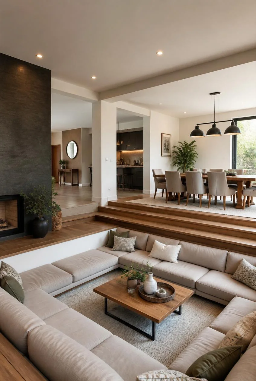 A Sunken Living Room Adjacent to a Dining Area