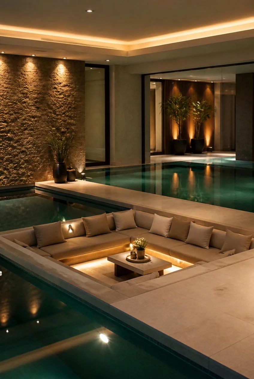 A Sunken Living Room Beside an Indoor Pool
