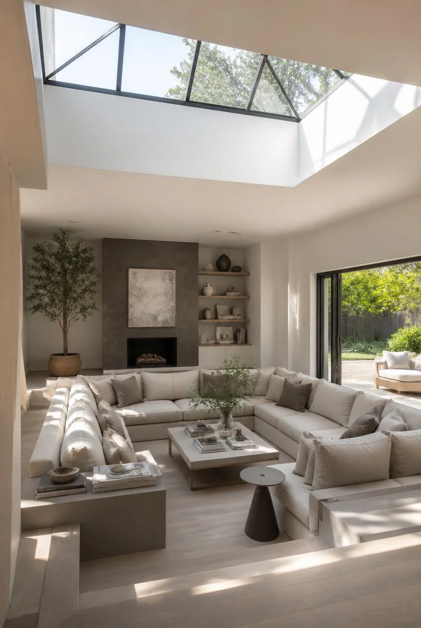 A Sunken Living Room With Skylight Above 