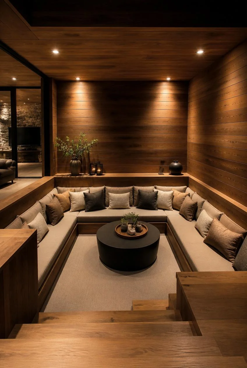 A Sunken Living Room With Wood Paneled Walls