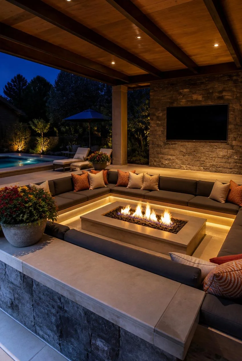 A Sunken Living Room With a Built In Fire Pit