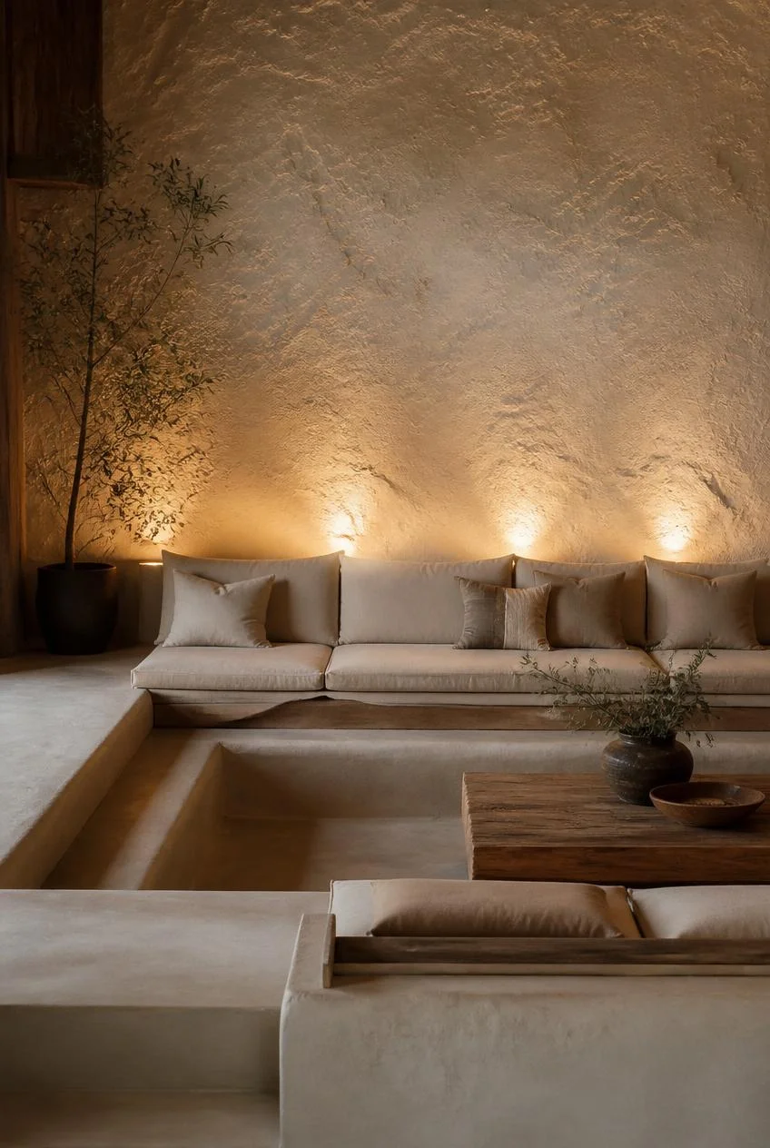 A Sunken Living Room With a Textured Accent Wall