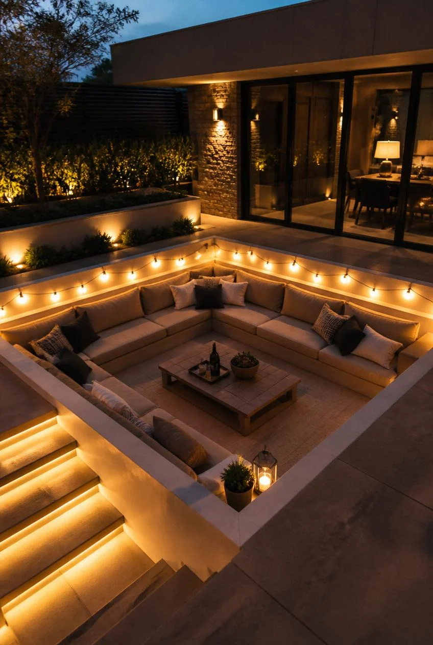 A Sunken Pit With Warm String Lighting