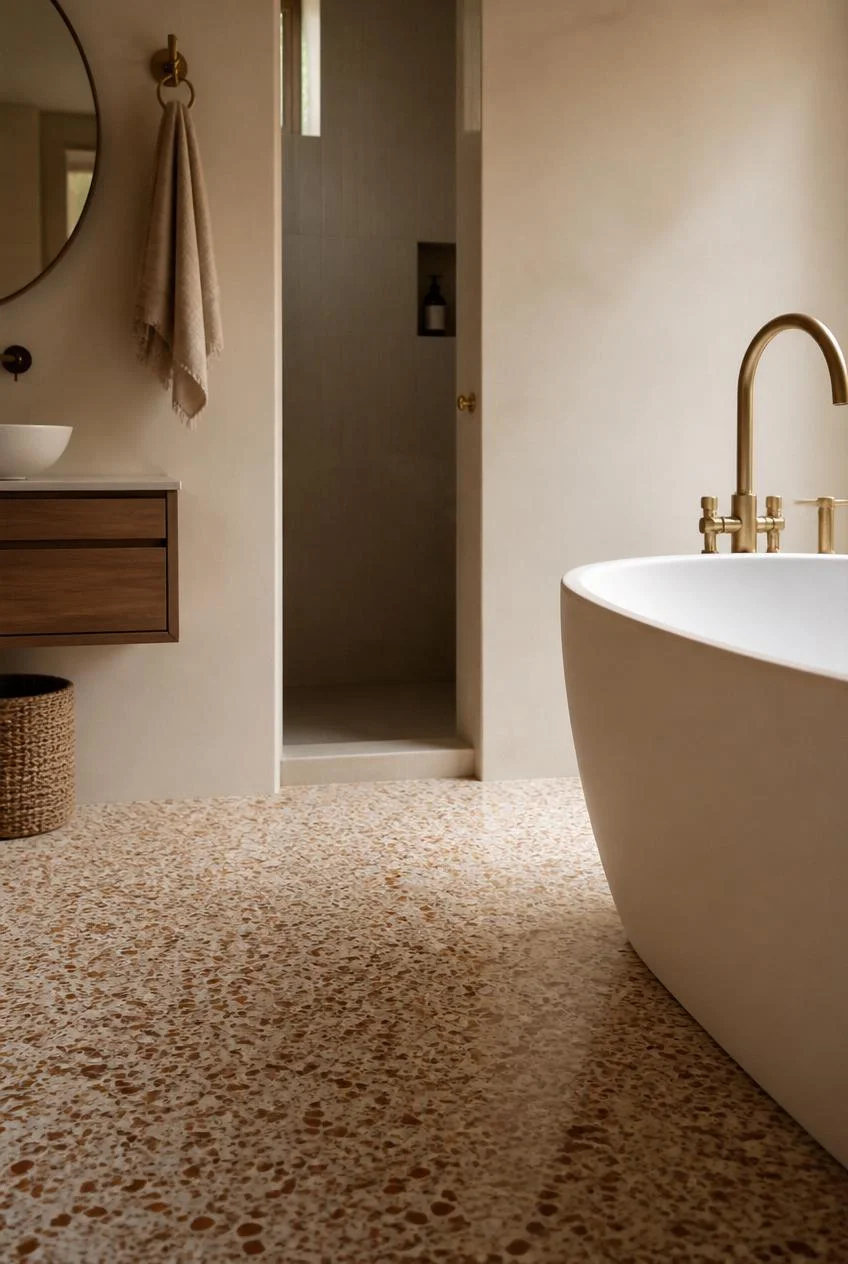 A Terrazzo Floor in Warm Amber and Cream Speckles