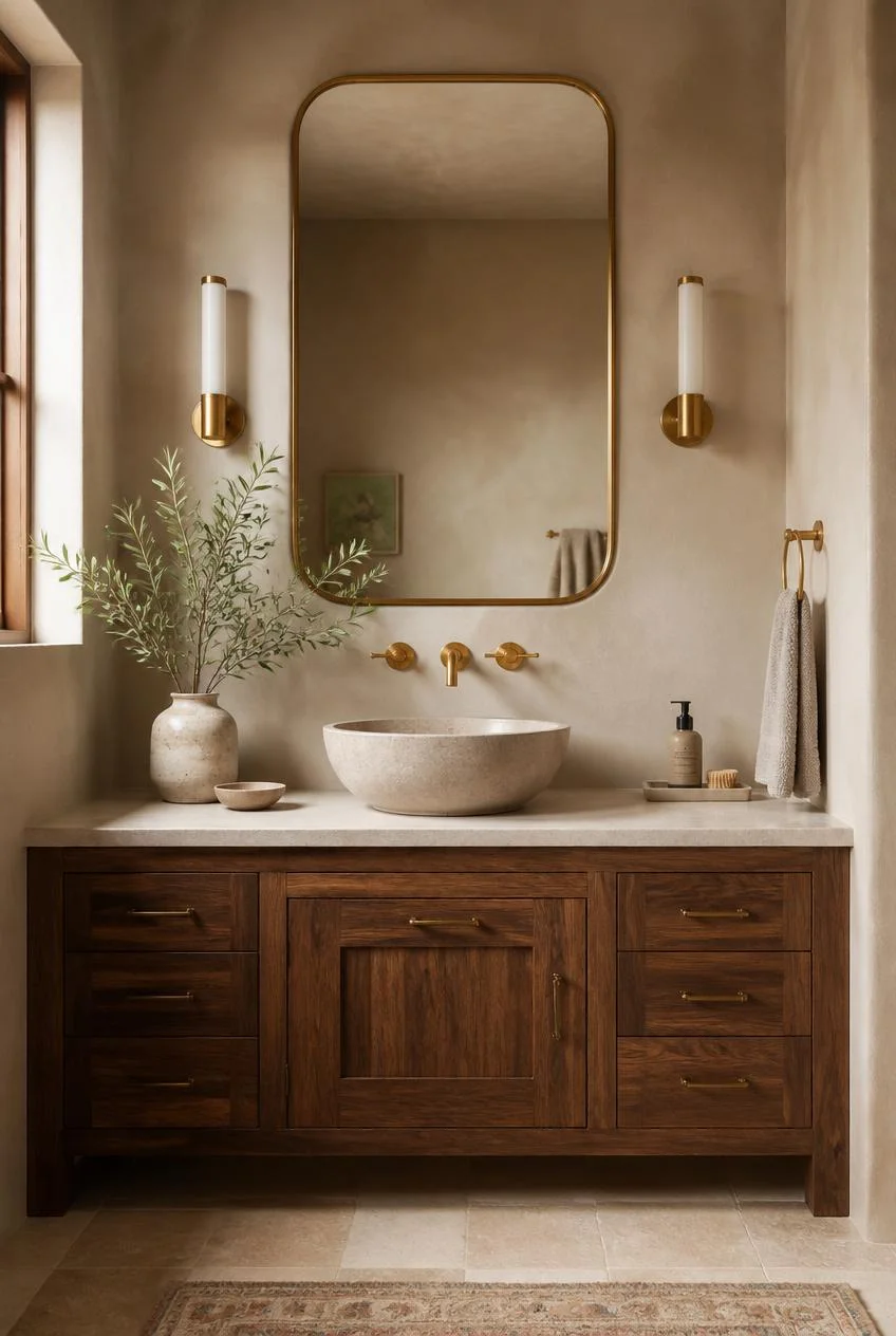 A Walnut Vanity Against Soft Beige Plaster Walls