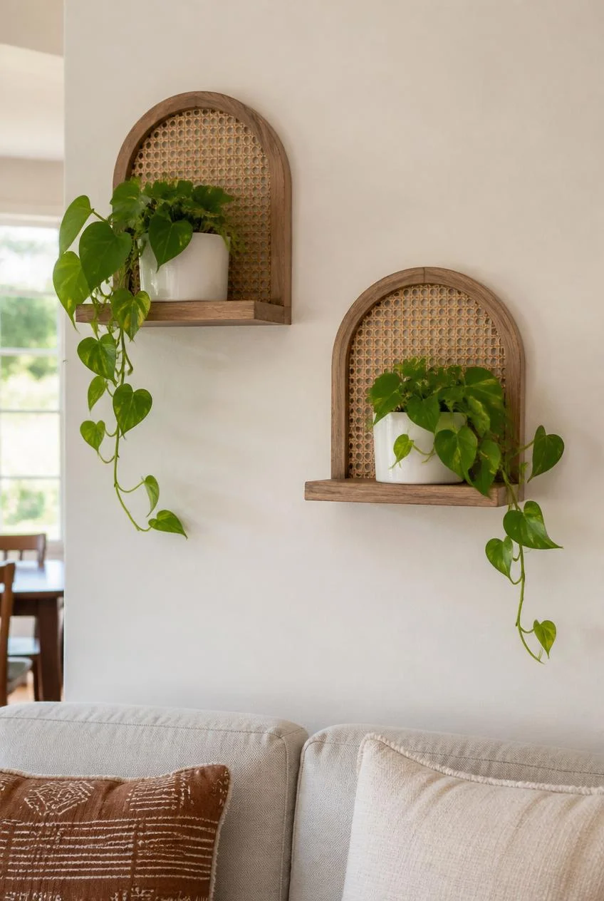 Arch Framed Plant Shelves With Rattan Backs