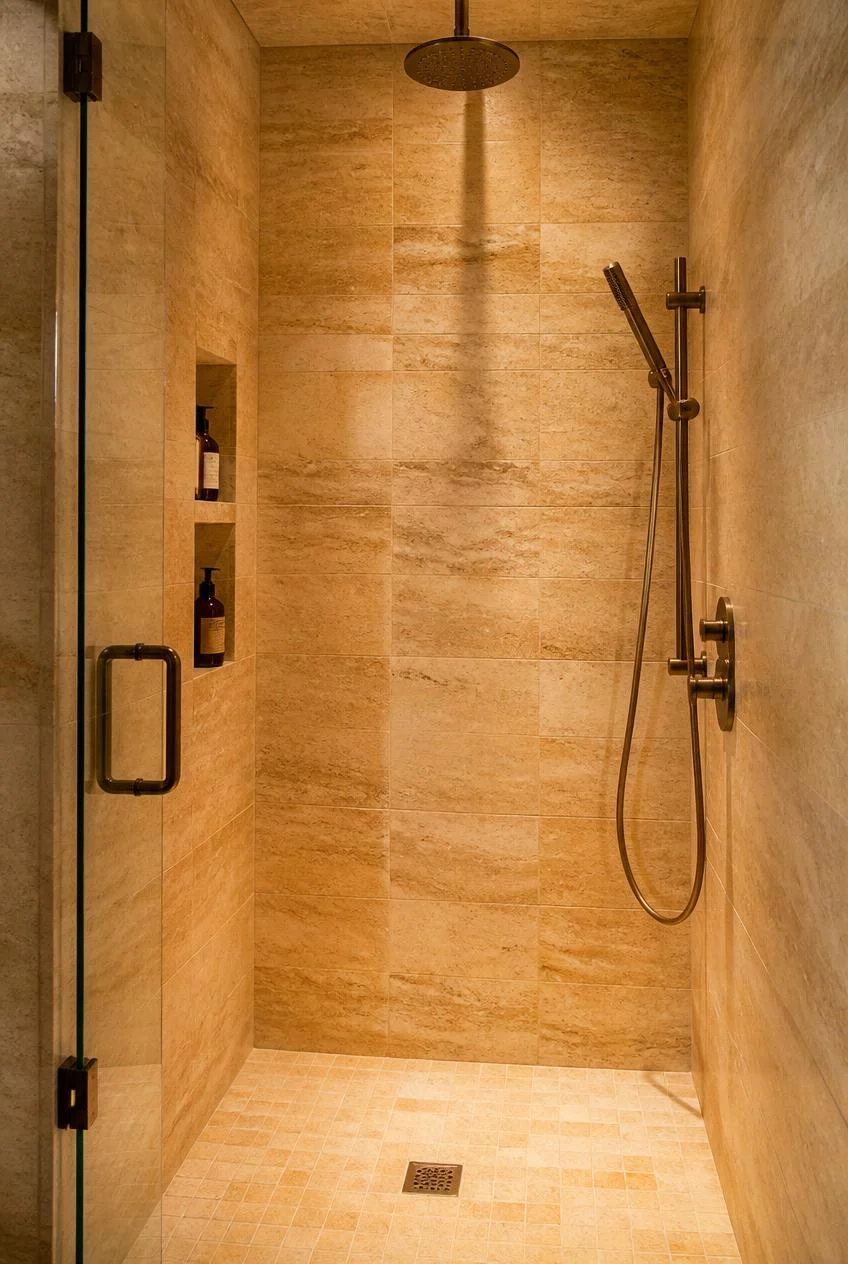 Beige Travertine Tile From Floor to Ceiling
