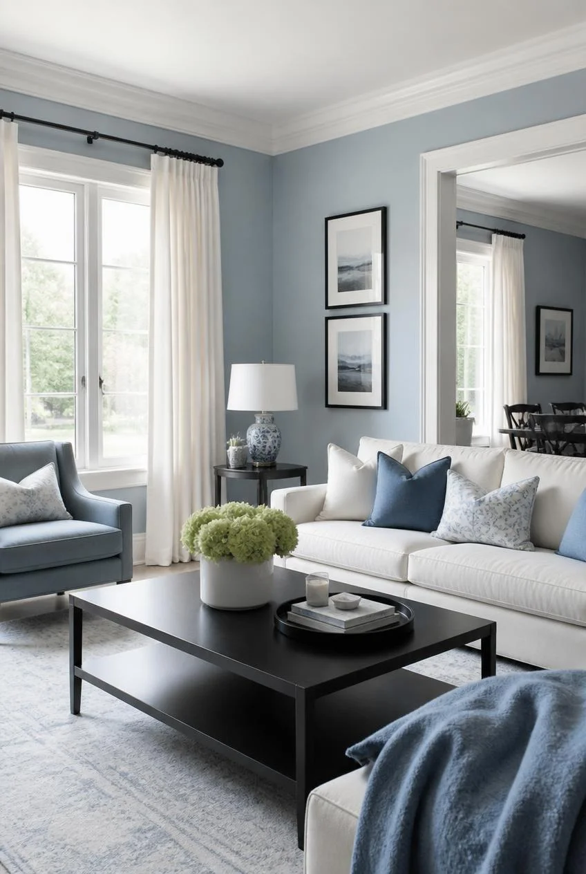 Black Accents to Ground a Soft Blue and White Room