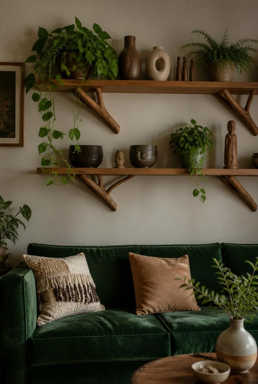 Branch Bracket Shelves Above a Sofa
