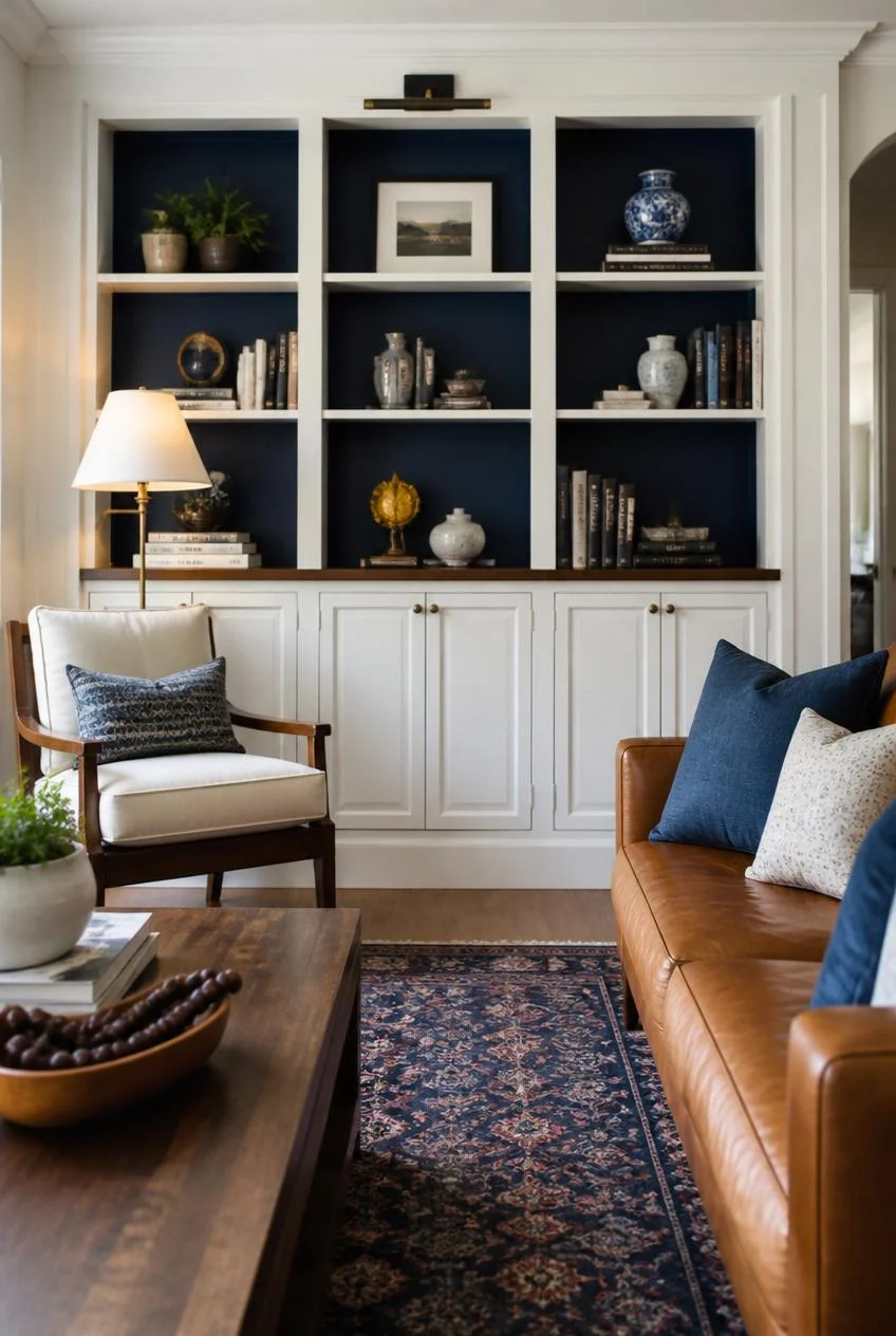 Built In Bookshelves Painted in Deep Blue