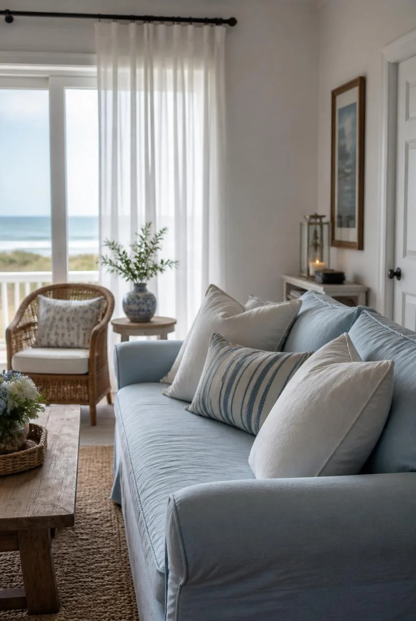 Coastal Style With a Soft Blue Slipcovered Sofa