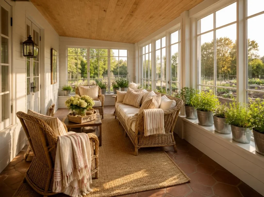 Create a Farmhouse Sunroom with Rustic Warmth