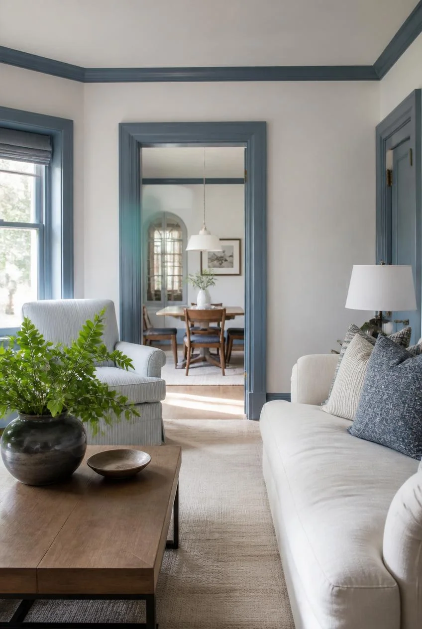 Crisp White Walls With Blue Trim Accents