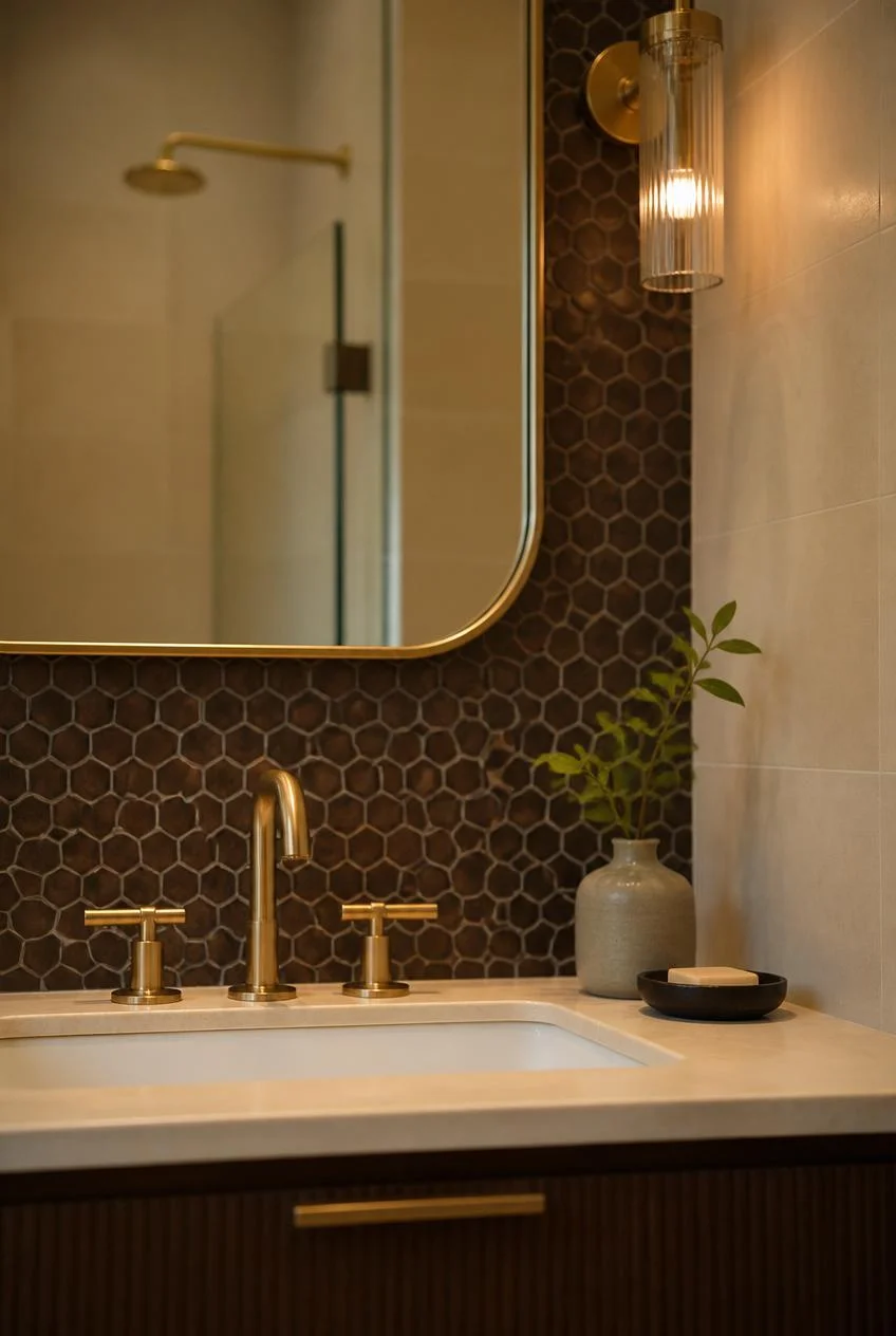 Dark Brown Hexagonal Mosaic Tiles as an Accent