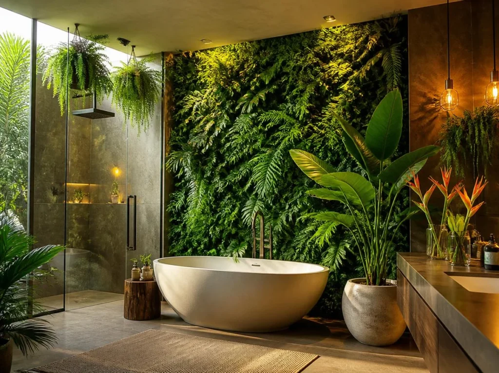 Design a Modern Bathroom with Vertical Gardens or Plants